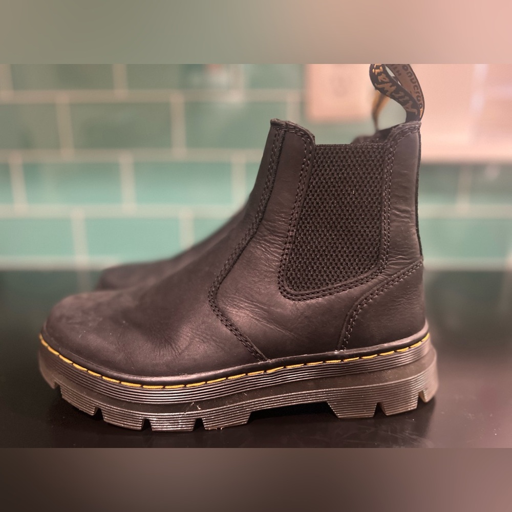 Black Leather Chelsea Boots with Yellow Stitching (Doc Martens)